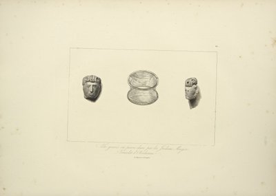 Cabeza grabada de piedra dura de los indios Muycas, brazalete de obsidiana, ilustración de Vues des Cordillères et Monumens des Peuples Indigènes de l